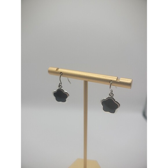 KC Silver Tone Hook Dangle Drop Earrins Pierced Clover Black Jewelry Costume - Picture 9 of 10